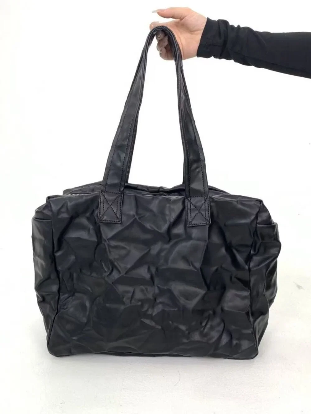 Black Crinkled Faux Leather Oversized Slouchy Tote Bag Travel